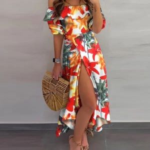 Chicme Off Shoulder Tropical Print Scallop Trim High Slit Dress